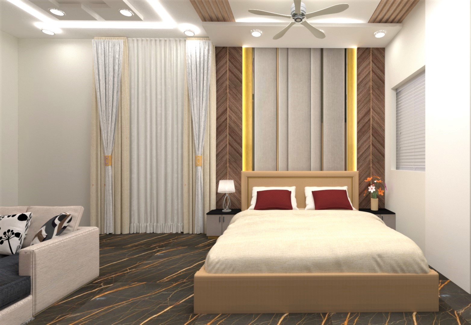 Master bedroom with a panelled headboard wall and concealed cove lighting