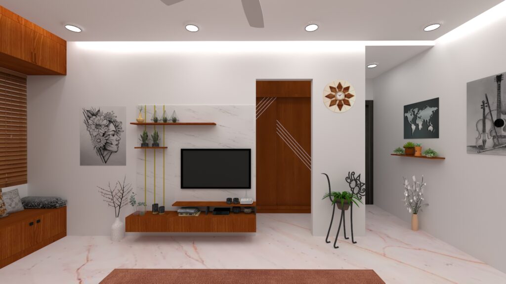 Bedroom interior with fitted wardrobes and a false ceiling detail