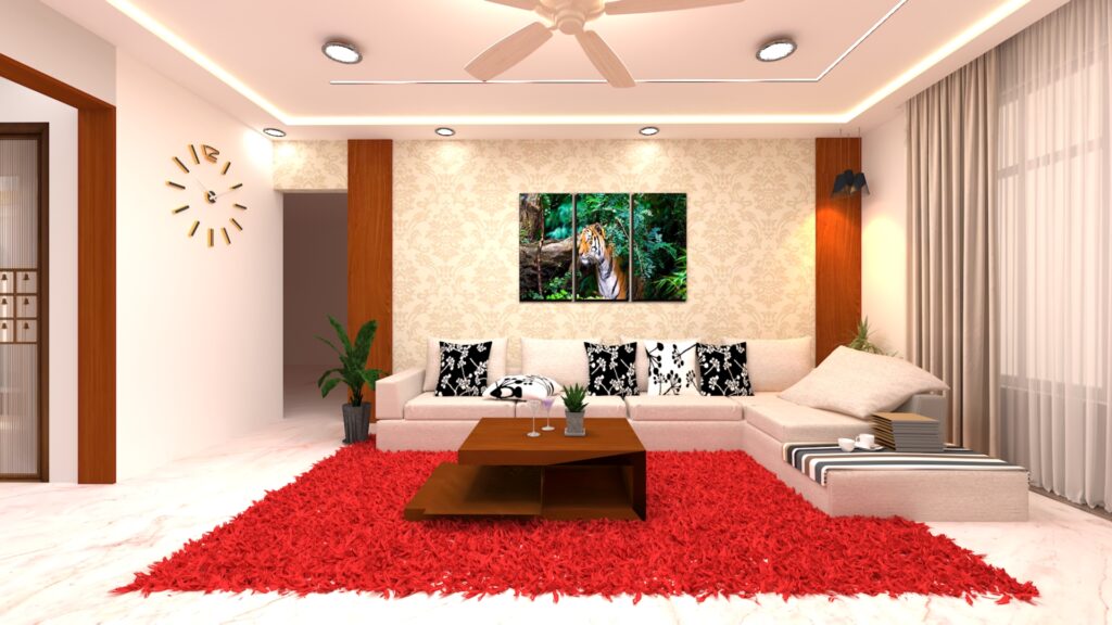 Living room interior designed by AG Design and Build, with a wood-panelled feature wall and warm cove lighting