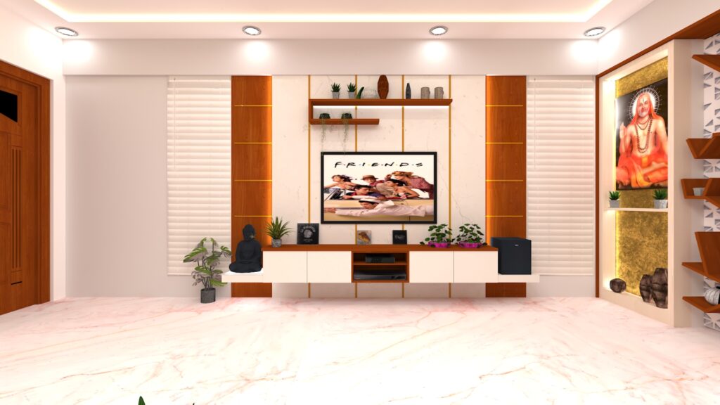 Living room with a marble-backed media wall, floating console and warm cove lighting